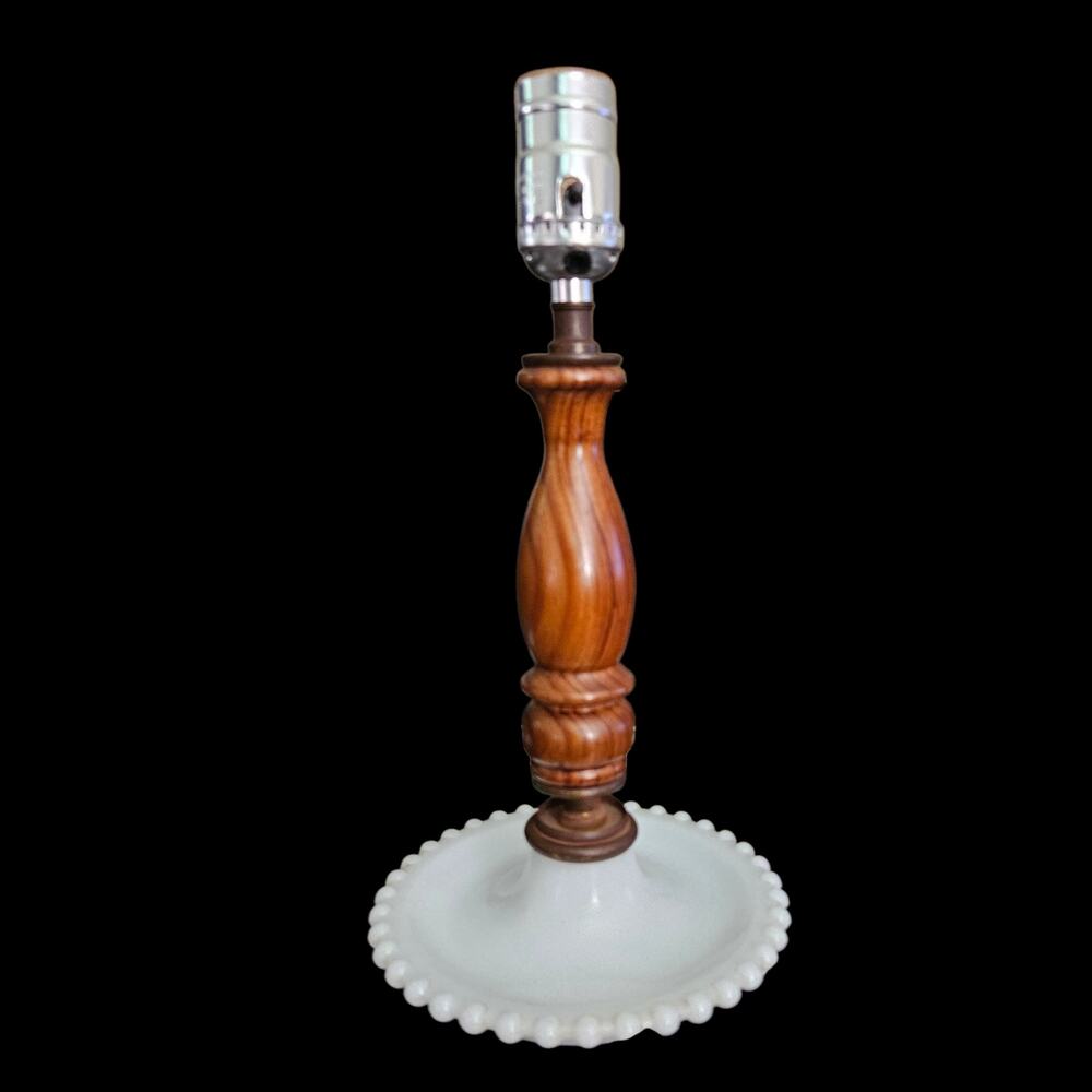 Vintage Milk Glass Hobnail Base Table Lamp Wood Stem Accent Light